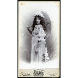   Erdélyi Mór műterme, lány gyönyörű ruhában, napernyővel, különös kalapban, portré, 1890-es évek, Eredeti nagyméretű (!) kabinetfotó.   