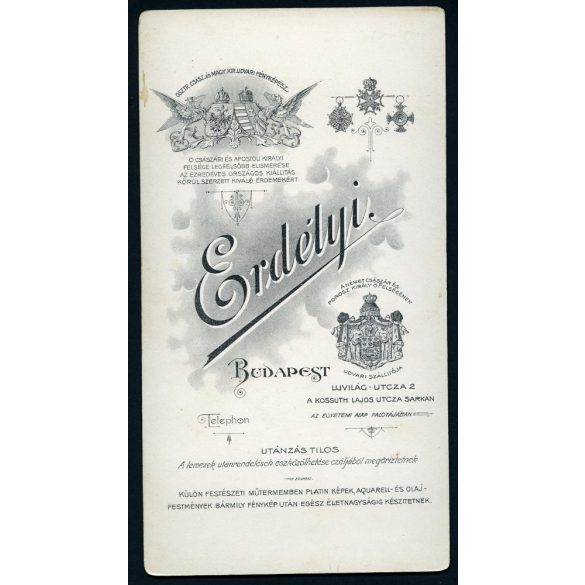 Erdélyi Mór műterme, lány gyönyörű ruhában, napernyővel, különös kalapban, portré, 1890-es évek, Eredeti nagyméretű (!) kabinetfotó.   