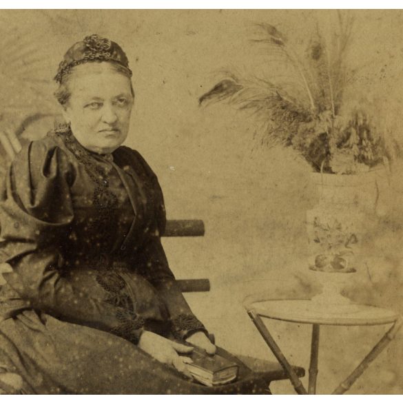 Fái műterem, B.Gyula, (Békésgyula, Gyula),  elegáns hölgy gyönyörű ruhában, Bibliával, hajviselet, Békés megye, helytörténet, 1880-as évek, Eredeti kabinetfotó, felülete foltos.   