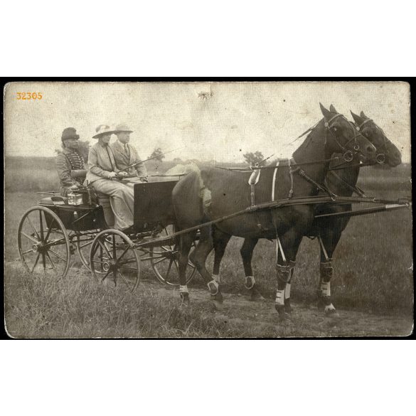 Úri pár homokfutón, kocsis magyaros egyenruhában, lovaskocsi, hintó, jármű, közlekedés, 1910-es évek, Eredeti fotó, papírkép.  