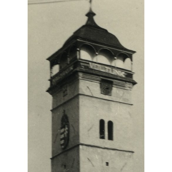 Rákoczi-őrtorony magyar címerrel, 'Magyarok voltunk, vagyunk, leszünk' felirattal, Rozsnyó, Felvidék, üzletek, kirakatok, feliratok, helytörténet, 1940, 1940-es évek, Eredeti fotó, kartonra ragasztott