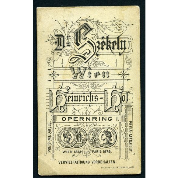 Dr. Székely műterem, Bécs, Ausztria, K.u.K. katona egyenruhában, érdemrend, szemüveg, bajusz, 1880-as évek, Eredeti CDV, vizitkártya fotó.  