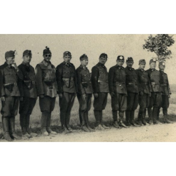 Felsorakozott katonatisztek őszirózsával, bevonulás (?), egyenruha, 2. világháború, 1940, 1940-es évek, Eredeti fotó, papírkép.   