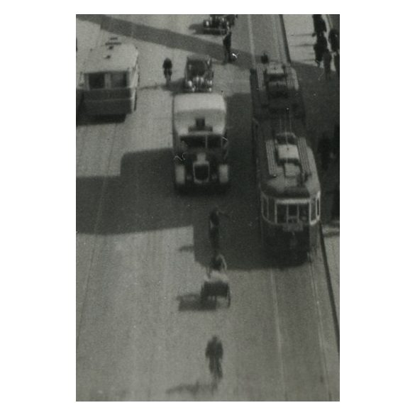 A régi Erzsébet híd, Budapest, város, Duna, villamos, autóbusz, lovaskocsi, jármű, közlekedés, helytörténet, 1930-as évek, Eredeti fotó, papírkép.