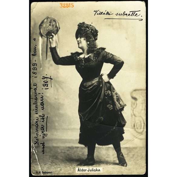 K.V. műterem, Budapest, Áldor Juliska színésznő, énekesnő portréja, színház, művészet, zene, ismert, 1900-as évek, Eredeti fotó, papírkép, sarkainál törésnyommal...   