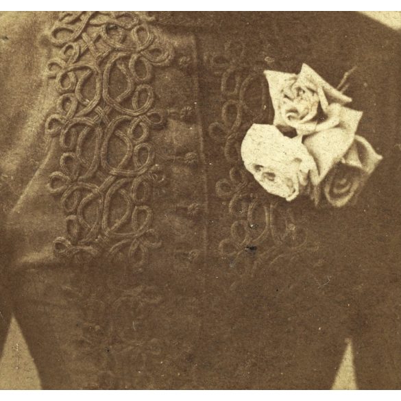 Veress műterem, 'Kolozsvártt' (Kolozsvár), Erdély, elegáns hölgy magyaros ruhában, gyönyörű frizurával, rózsa, virág, 1880-as évek, Eredeti CDV, vizitkártya fotó. 