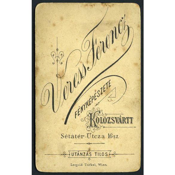 Veress műterem, 'Kolozsvártt' (Kolozsvár), Erdély, elegáns hölgy magyaros ruhában, gyönyörű frizurával, rózsa, virág, 1880-as évek, Eredeti CDV, vizitkártya fotó. 