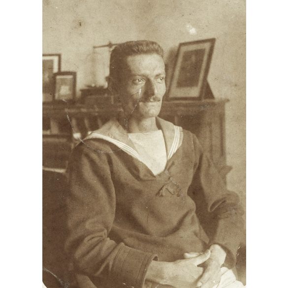 Magyar matróz egyenruhában, 1. világháború, bajusz, Jászberénybe címezve, Jász-Nagykun-Szolnok megye, helytörténet, 1910-es évek, Eredeti képeslap fotó, papírkép.