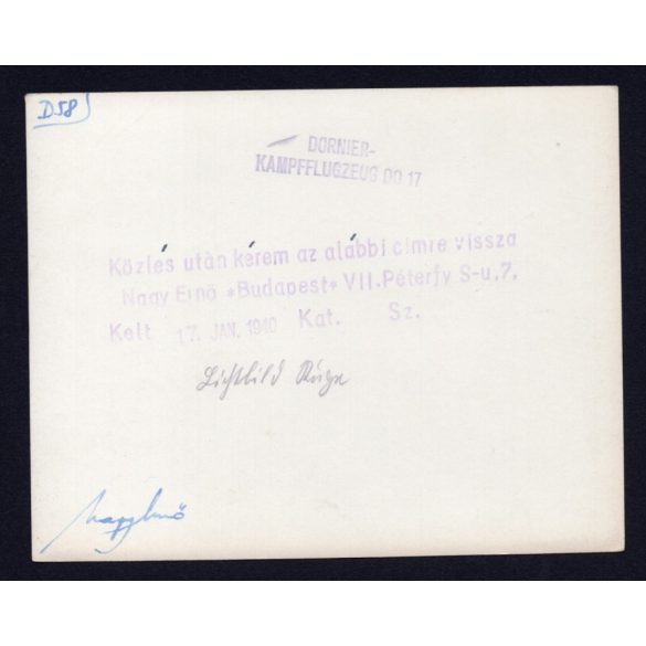 Nagyobb méret, Doriner DO-17 könnyűbombázók német horogkeresztes jelzéssel, légierő, repülőgép, jármű, 2. világháború, 1940, 1940-es évek, Eredeti sajtófotó, pecséttel jelzett papírkép. 