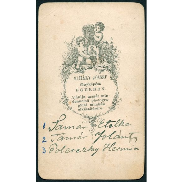 Mihály József fényképész, Eger, elegáns  hölgyek portréja, Tamár Etelka, Tamár Jolán, Polereczki Hermin, 1860-as évek, Eredeti CDV, vizitkártya fotó hátulján feliratozva. 