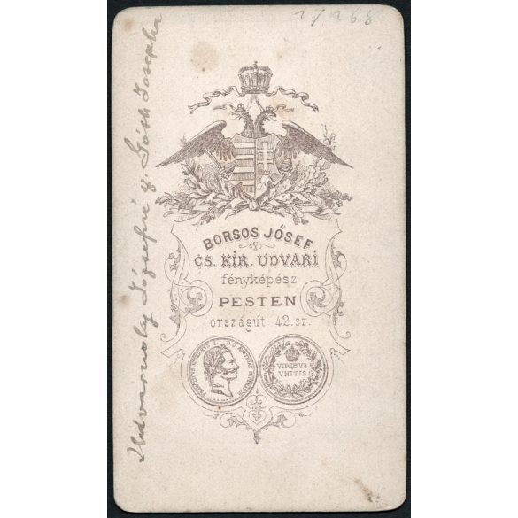 Borsos József műterme, Pest, elegáns hölgy portréja, Udvarnoky Józsefné sz. Góth Josepha gyönyörű ruhában 1860-as évek, Eredeti CDV, vizitkártya fotó, hátulján feliratozva.  
