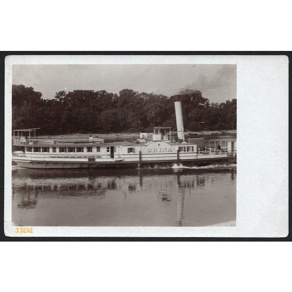 Hajózás, az 1918-ban elsüllyedt Drina magyar gőzhajó, hátoldalán az expozíció részleteivel, jármű, közlekedés, 1910-es évek, Eredeti fotó, papírkép.  