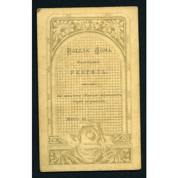 Pollák Soma fényirdája, Pest, csinos nő elegáns ruhában, virágokkal, 1860-as évek, Eredeti CDV, vizitkártya fotó.  