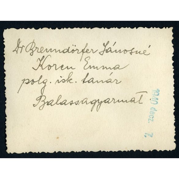 Dr. Brenndörfer Jánosné sz. Koren Emma polgári iskolai tanár, Balassagyarmat, Nógrád megye, helytörténet, 1940, 1940-es évek, Eredeti fotó, papírkép.  