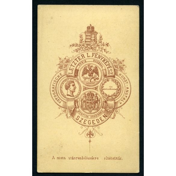 Letzter műterem, Szeged, elegáns hölgy virágokkal, 1873, 1870-es évek, Eredeti CDV, vizitkártya fotó.  