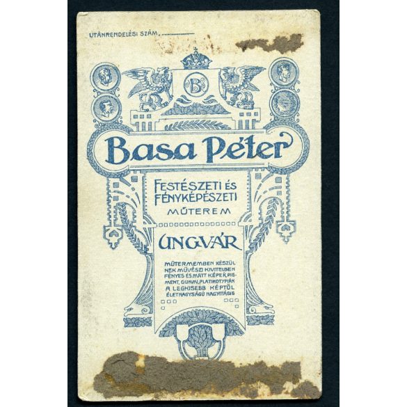 Basa műterem, Ungvár, Kárpátalja, elegáns úr cvikkerrel, bajusz, 1890-es évek, Eredeti CDV, vizitkártya fotó.   