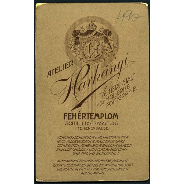 Harkányi műterem, Fehértemplom, Vajdaság, fiatal férfi egyenruhában, katona (?), 1. világháború, 1900-as évek, Eredeti CDV, vizitkártya fotó.  