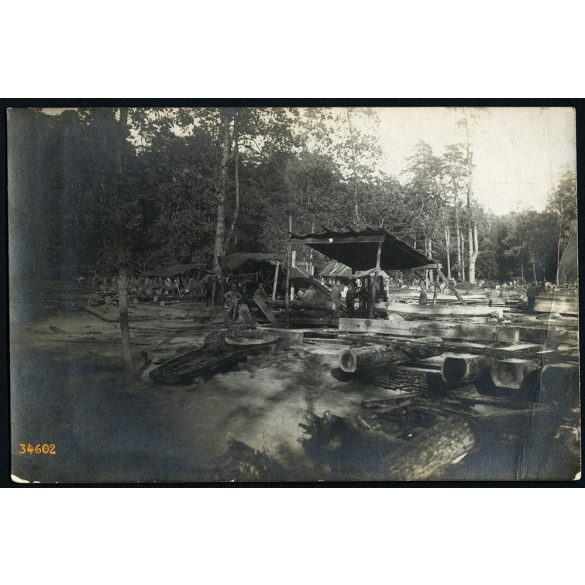 Tábori fűrészüzem valamelyik fronton, 1. világháború, 1910-es évek. Eredeti fotó, papírkép.  