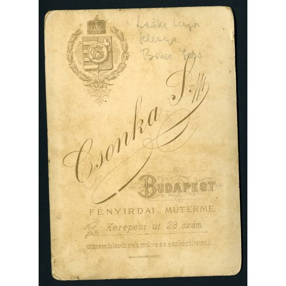 Csonka Simon műterme, Budapest, házaspár portréja, katona, bajusz, egyenruha,  1890-es évek, Eredeti kabinetfotó. 