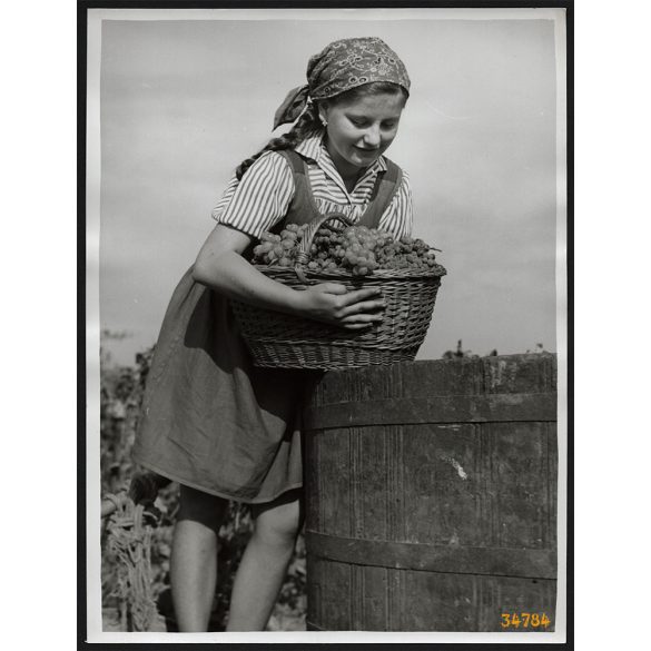Nagyobb méret, Szendrő István fotóművészeti alkotása, lány, szőlővel, 1930-as évek. Eredeti, pecséttel jelzett fotó, papírkép, Agfa Brovira papíron. Dekorációnak, ajándéknak is kiváló.