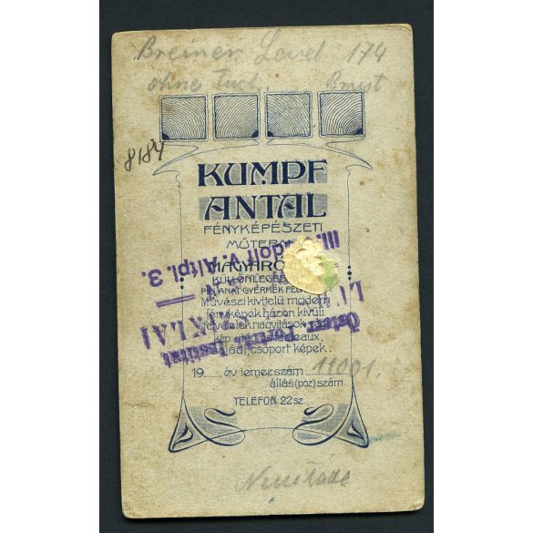 Kumpf műterem, Magyaróvár, elegáns nő kendőben, 1890-es évek, helytörténet, Eredeti CDV, vizitkártya fotó.  