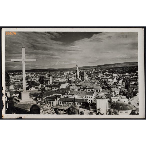 Erdély, Kolozsvár látképe a Fellegvárról a kereszttel, 2.világháború, helytörténet, 1943, 1940-es évek, Eredeti képeslapfotó, papírkép.  