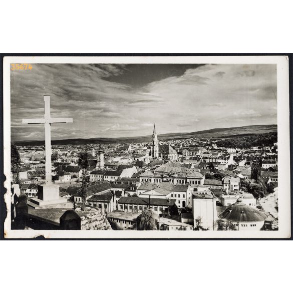 Erdély, Kolozsvár látképe a Fellegvárról a kereszttel, 2.világháború, helytörténet, 1943, 1940-es évek, Eredeti képeslapfotó, papírkép.  