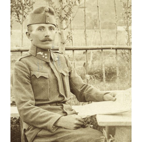 Magyar (K.u.K.) katona a lugasban, szakaszvezető, gépkocsivezető, egyenruha, 1. világháború, 1910-es évek, Eredeti fotó, papírkép.   