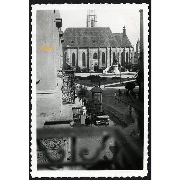 Fotó az erkélyről, Kolozsvár, Erdély, Mátyás templom, Fő tér, Mátyás szobor, Egyetem utca, 1940-es évek, Eredeti fotó, papírkép.  