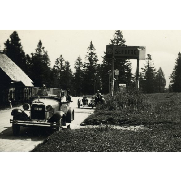 Utazás magyar rendszámú Ford A modell Tourer gépkocsin, Ausztria, Mariazell, Seeberg, jármű, közlekedés, 1936, 1930-as évek, Eredeti fotó, papírkép, sarka gyűrött.  