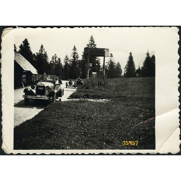 Utazás magyar rendszámú Ford A modell Tourer gépkocsin, Ausztria, Mariazell, Seeberg, jármű, közlekedés, 1936, 1930-as évek, Eredeti fotó, papírkép, sarka gyűrött.  