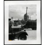 Katonai teherautók Kurszkban, magyar és német feliratok, 2. világháború, Szovjetunió,  jármű, közlekedés,1940-es évek, Eredeti fotó, papírkép.  