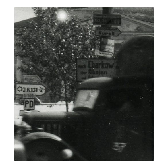 Katonai teherautók Kurszkban, magyar és német feliratok, 2. világháború, Szovjetunió,  jármű, közlekedés,1940-es évek, Eredeti fotó, papírkép.  