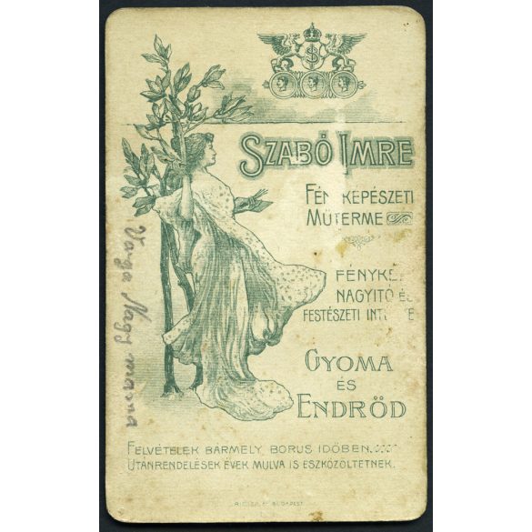 Szabó műterem, Gyoma és Endrőd (Gyomaendrőd), nő sváb (tót?) népviseletben, Varga nagymama, Békés megye, helytörténet, 1890-es évek, Eredeti CDV, vizitkártya fotó gyönyörű hátlappal.  