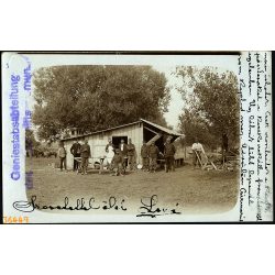   Magyar katonák a táborban, Zimony, Vajdaság, Tábori Posta pecséttel, Szinte László lapja, szerb paraszt népviseletben, egyenruha, 1. világháború, 1914. november 18., 1910-es évek, Eredeti fotó, papírk