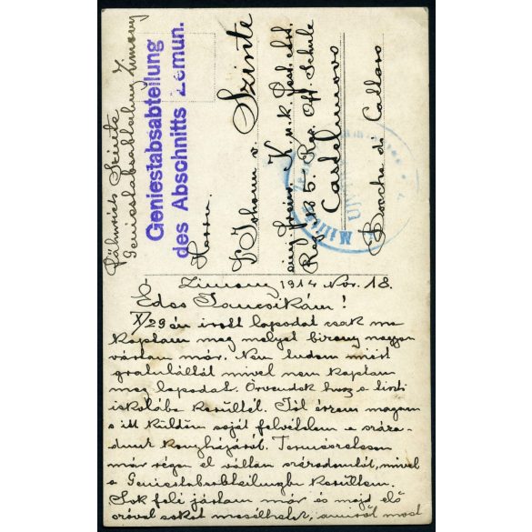 Magyar katonák a táborban, Zimony, Vajdaság, Tábori Posta pecséttel, Szinte László lapja, szerb paraszt népviseletben, egyenruha, 1. világháború, 1914. november 18., 1910-es évek, Eredeti fotó, papírk