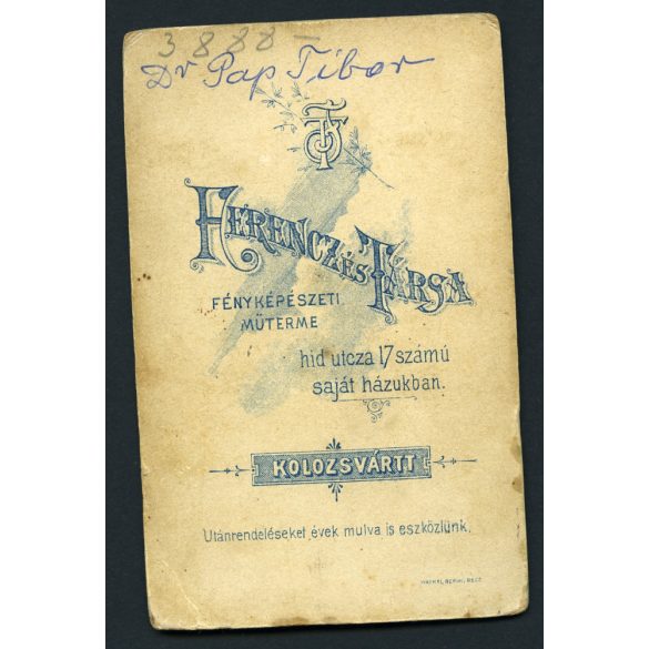 Ferencz és társa műterem, Kolozsvár, Erdély, gyerekportré, Dr. Pap Tibor,  helytörténet, 1880-as évek, Eredeti CDV, vizitkártya fotó.  