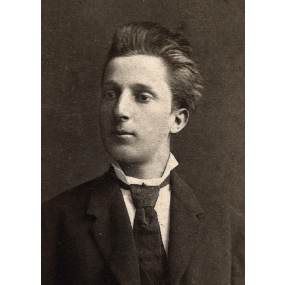 Tauffer és Veress Gyula műterem, Kolozsvár, Erdély,  elegáns fiatal férfi nyakkendőben, 1880-as évek, Eredeti CDV, vizitkártya fotó, gyönyörű hátlappal.   