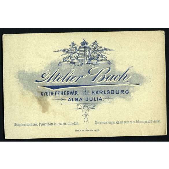 Bach műterem, Gyulafehérvár (Karlsburg, Alba Julia), Erdély, elegáns kislány gyönyörű ruhában, 1890-es évek, Eredeti CDV, vizitkártya fotó.  