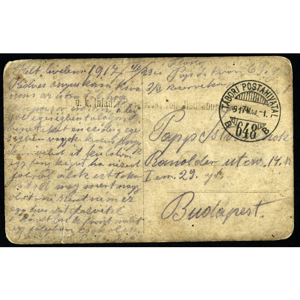 Tábori posta (648), magyar katonák csoportképe, érdemrend, bajusz, egyenruha, hegedű, hangszer, 1. világháború, monarchia, 1917, 1910-es évek, Eredeti fotó, papírkép, kopott, alul szakadás.  