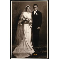   Rosbaud műterem, Budapest, elegáns pár esküvője, menyasszony, vőlegény, Horthy-korszak, 1930-as évek, Eredeti fotó, papírkép.   
