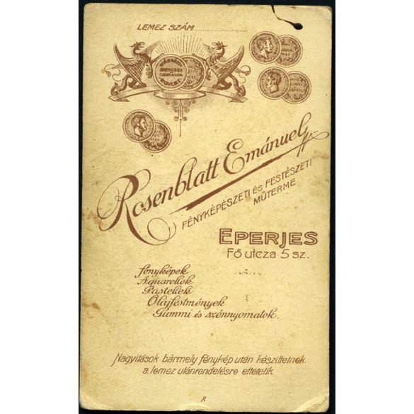 Rosenblatt Emánuel műterme, Eperjes, Felvidék, fiatal lány csodálatos hajjal, pöttyös ruhában, nyaklánccal, 1880-as évek Eredeti CDV, vizitkártya fotó. 