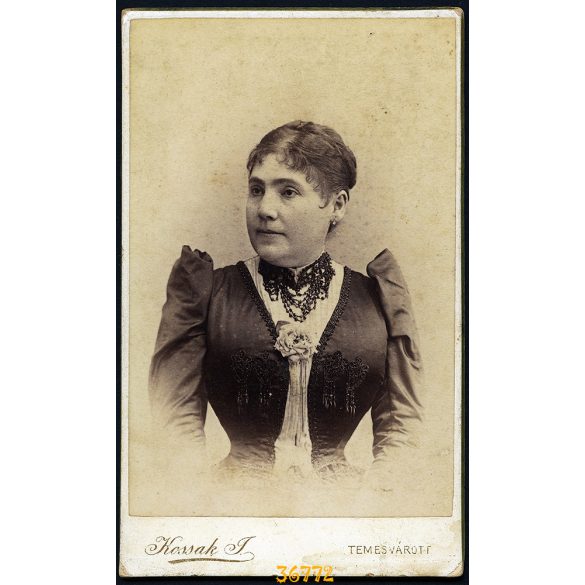 Kossak műterem, Temesvár, Erdély,  elegáns hölgy gyönyörű díszes ruhában, portré, 1880-as évek, Eredeti CDV, vizitkártya fotó. 