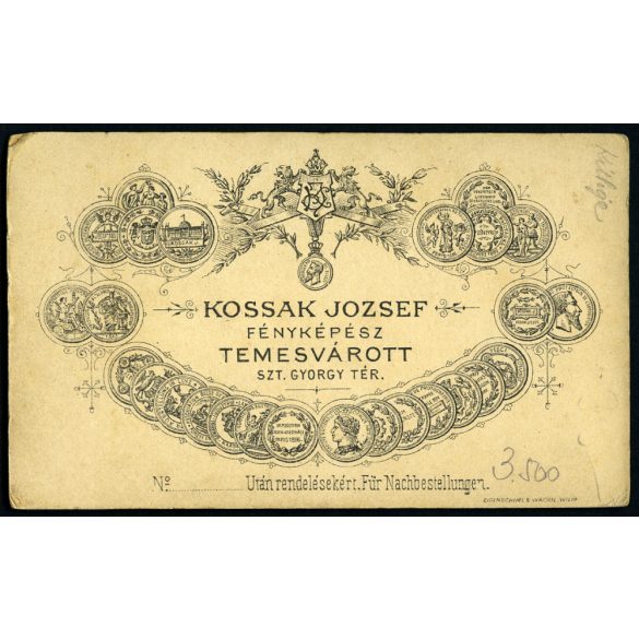 Kossak műterem, Temesvár, Erdély,  elegáns hölgy gyönyörű díszes ruhában, portré, 1880-as évek, Eredeti CDV, vizitkártya fotó. 