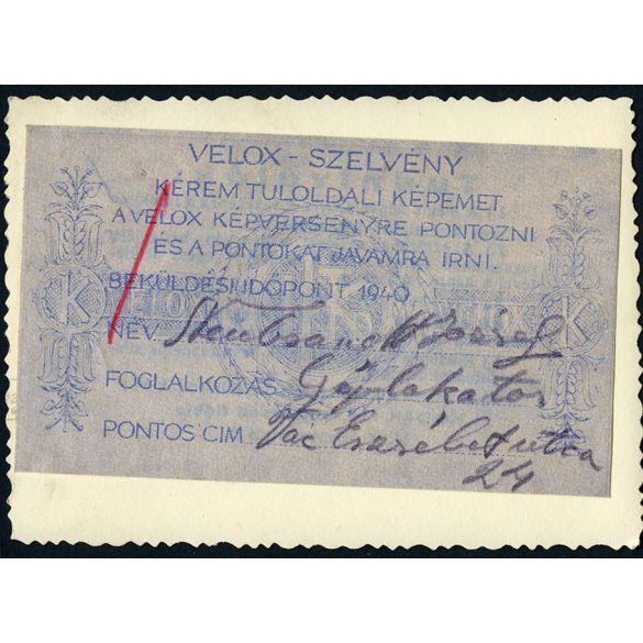 Kutya az asztalon, Vác, a VELOX fotópapírgyártó cég pályázatára beadott fotográfia, hátulján ragasztott VELOX-szelvény a fotográfus adataival, 1940, 1940-es évek, Eredeti fotó, ritka papírkép.