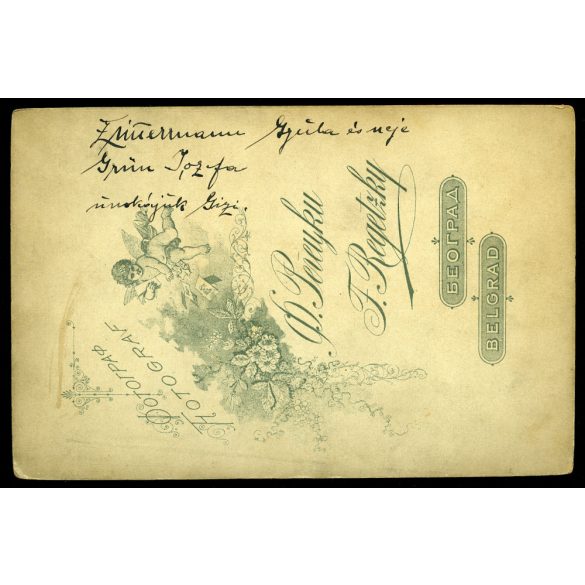 Regetzky műterem, Belgrád, Zimermann Gyula és neje Grün Jozefa, unokájuk Gizi, monarchia, 1890-es évek, Eredeti kabinetfotó, hátulján feliratozva.  
