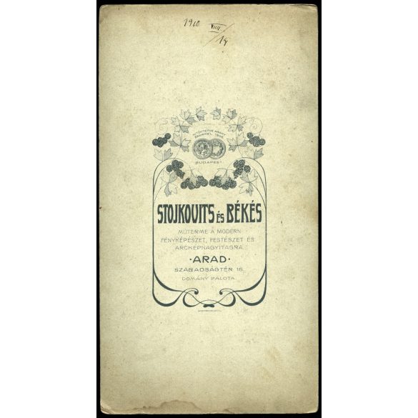 Nagyobb méret, Stojkovits és Békés műterem, Arad, Erdély, esküvő, menyasszony, vőlegény, monarchia, 1910-es évek, Eredeti kabinetfotó.   