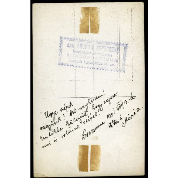 özv. Sólyom Ferenczné műterme, Kiskundorozsma, Szeged, elegáns fiatal pár portréja, szemüveg, bajusz, Csongrád megye, Horthy-korszak, helytörténet, 1931., 1930-as évek, Eredeti fotó, hátulján felirato