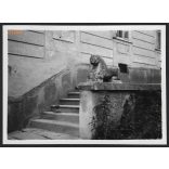 Kőoroszlán a szepeshelyi Káptalan soron, Szepeshely, Felvidék, utcakép, Horthy-korszak, építészet, szobor, helytörténet, 1935., 1930-s évek, Eredeti fotó, papírkép.   