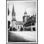 A lőcsei Szent-Jakab templom és a városháza, Lőcse, Felvidék, utcakép, Horthy-korszak, építészet, templom, egyház, vallás, helytörténet, 1935., 1930-s évek, Eredeti fotó, papírkép.   